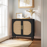 31.5"W Elegant Rattan Storage Cabinet with 4 Compartments, 2-Door Buffet Sideboard with Solid Wood Feet