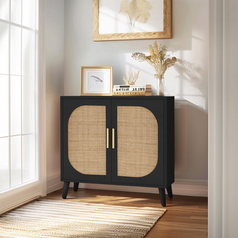 31.5"W Elegant Rattan Storage Cabinet with 4 Compartments, 2-Door Buffet Sideboard with Solid Wood Feet