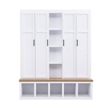 4-in-1 Hall Tree Entryway Bench Storage Bench Mudroom Coat Rack with Hooks, Storage Cabinet & Shelves, White