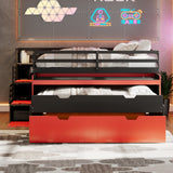 Full XL Size Loft Bed with Pull-Out Desk, Twin Trundle, 2 Storage Drawers & Storage Staircases, Multi-Functional Gaming Bunk Bed, Black+Red