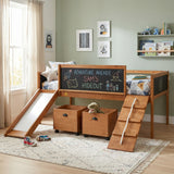 Twin Size Loft Bed with Slide, Storage Boxes, Climbing Frame and Double-Sided Chalkboard, Solid Wood Bed Frame for Kids
