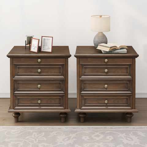 Farmhouse 4-Drawer Nightstand Set of 2 Side Table Wood Storage End Table with Hidden Pull-Out Shelf