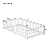 Twin Size Floor Bed with Fence, Rubber Wood Bed Frame with Safety Guardrails, No Spring Box Required, Perfect for Kids, White