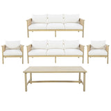 5-Piece Outdoor Patio Conversation Furniture Set, Acacia Wood & Wicker Sectional Sofa Group with Waterproof Cushions, Light Teak/Cream