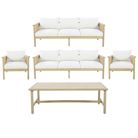 5-Piece Outdoor Patio Conversation Furniture Set, Acacia Wood & Wicker Sectional Sofa Group with Waterproof Cushions, Light Teak/Cream