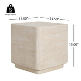Square Travertine Side Table, Lightweight MGO Outdoor Patio End Table with Safe Rounded Edges, Beige