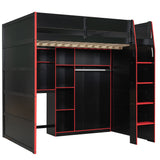 Full Size Wood Gaming Loft Bed with Desk, Open Wardrobe, Storage Compartments & RGB Lights, Red