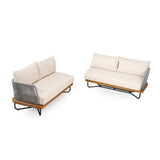 Outdoor Sofa Patio Sectional Sofa Set with Water Resistant Cushion, Teak+ Beige
