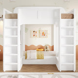 Triple Bunk Bed with Built-In Storage Shelves & Hooks, Loft Bed Frame with Safety Guardrails, Twin+Twin over Twin XL, White