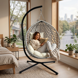 Foldable Hanging Egg Swing Chair with Stand, HDPE Wicker Egg Chair with Cushion & Headrest for Indoor/Patio/Balcony