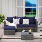 L-Shaped Outdoor Sectional Sofa Patio Chat Conversation Set Garden Wicker Furniture Set with Tempered Glass Coffee Table&Cushion