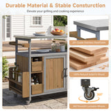Rolling Patio BBQ Serving Cart Farmhouse Outdoor Kitchen Cart with Stainless Steel Top, Spice Rack, Towel Rack, Lockable Wheels,Gray&Brown