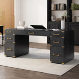 70" Extra-Large Classic Luxury Executive Desk Office Desk Computer Desk with 7 Drawers & USB Ports, Black+Gold