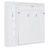 Full Size Murphy Bed Space-saving Wall Bed Foldable Bed with Shelves, Wardrobe & LED Light