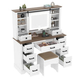 47.2" Farmhouse Makeup Vanity Desk with Sliding Mirror, Large Vanity Set with LED Lights, Dressing Table with Storage Stool and 9 Drawers, Ample Storage, White and Brown