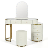 Luxury Makeup Vanity Desk with 3-Color LED Mirror & Stool, Adjustable Length Vanity Table with Movable Side Cabinet, 6 Drawers Storage, Marble-Look Sticker Top, PU Leather Drawers, Gold Stainless Steel