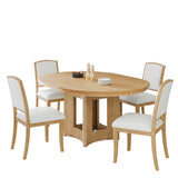 Farmhouse Extendable Round Dining Table Set for 4, 5-Piece Kitchen Table Set with 4 Upholstered Chairs and 16inch Removable Leaf for Small Places