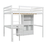 Full Size Loft Wood Bed with Desk, Storage shelves and Drawers, Built-in Ladder, High Loft Bed with Desk, Storage Shelves and Drawers,Guardrails