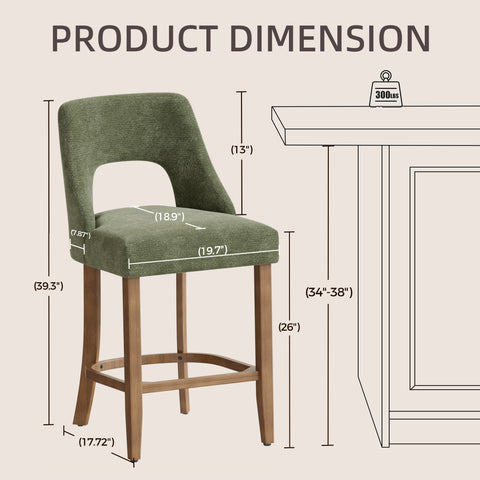 Set of 2 Upholstered Counter Height Bar Stools with Wingback & Wood Legs for Kitchen Island, Dining Room, Home Bar