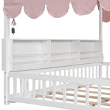 Full Size Wooden Floor Bed,House-Shaped Daybed with Fense,3 Storage Bookshelves,Curtain and LED Light
