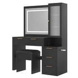 43.5" Vanity Desk with Mirror and Lights, Fluted Makeup Vanity with Charging Station, 5 Drawers and a Glass Door Cabinet, Dressing Table set with Hairdryer Holder and Storage Stool for Bedroom, Black