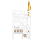 Twin Size Wooden House Roof Bunk Bed with Window Door and Roof,Storage Drawers and Staircase,White+Natural