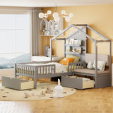 Twin Size House Bed with Upholstered Sofa, Platform Bed with Charging Station, Shelves and 2 Drawers, Gray