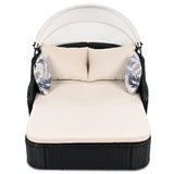 Outdoor Sunbed, Patio PE Rattan Daybed, Upholstered Chaise Lounger with Adjustable Canopy, Beige