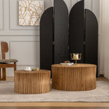 Set of 2 Vintage Cylindrical Nesting Coffee Table Set with Vertical Textured Embossed Design for Living Room, Office and Bedroom, Natural
