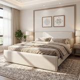King Size Upholstered Platform Bed Frame with Soft Thick Headboard, Beige