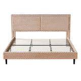 King Size Upholstered Bed Frame with Soft Backrest, Wood Platform Bed Frame for Bedroom, Camel