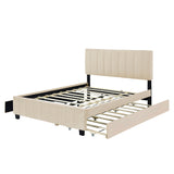 Queen Size Platform Bed, Velvet Upholstered Bed Frame with 2 Drawers and Twin XL Trundle Bed, Beige
