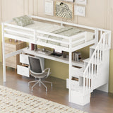 Twin Size Loft Bed Frame with Built-in Desk, Storage Stairs and 4 Drawers, White