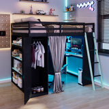 Full Size Wood Loft Bed with Blackout Curtains, USB Port, Wardrobe, Lights, Pegboard & Keyboard Tray, Black+Blue