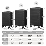 3PCS ABS Luggage Set Suitcase with Spinner Wheels & Combination Lock, 20"+24"+28", Black