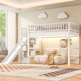 Twin Size Loft Bed with LED Lights, Storage Staircase & Slide, White