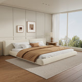 Low-Profile Upholstered Platform Bed, Floor-Hugging King Bed Frame with Oversized Headboard, Cream