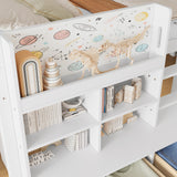 Twin XL Low Loft Bed with 3 Storage Drawers & Integrated Bookshelves, Kids Bed with Play Curtain & Chalkboard