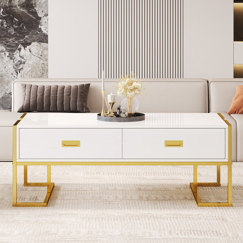 Modern White Rectangular Coffee Table with 4 Drawers and Gold Base in 47.3"