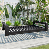 Twin Size Porch Swing Bed Daybed with Acacia Wood Frame and Hemp Ropes, 400lbs Capacity, for Garden and Backyard