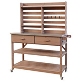 64.9"H Outdoor Potting Bench Table with Lockable Wheels, Solid Wood Outdoor Kitchen Island with Upper Hutch, Stainless Steel Top, Towel Rack ,Outdoor Storage for Grilling, Lawn Garden -Brown