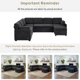 U-Shaped Convertible Sleeper Sofa Bed Modular Sectional Sofa Upholstered Couch Family Sofa with Reversible Chaise Lounge&USB Ports, Black