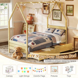 Twin Size Kid Platform Bed Frame House Bed Montessori Bed with 2 Storage Drawers & Headboard, Natural
