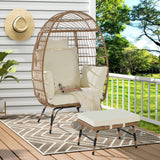 Patio Egg Chair Indoor&Outdoor Accent Chair Basket Chair with Ottoman, Soft Cushion & Neck Pillow, Beige