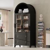 71" Tall Arched Kitchen Pantry Cabinet, 2 Drawers, Adjustable Shelves with Glass Door, Modern Farmhouse Storage Cupboard