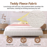Contemporary Low Profile Upholstered Bed with Teddy Fleece Fabric and Solid Round Legs Stylish Curve-Shaped Design for Bedroom,Queen Size,White