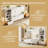 Queen Size Murphy Bed with Height Adjustable Storage Compartments and Shelf, Wall Bed Frame With 1 Drawer, Foldable Platform Bed, White