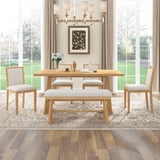 6-Piece Rustic Farmhouse Dining Set, Oak Veneer Dining Table with Trapezoid Legs, 4 Linen Upholstered Chairs+1 Bench