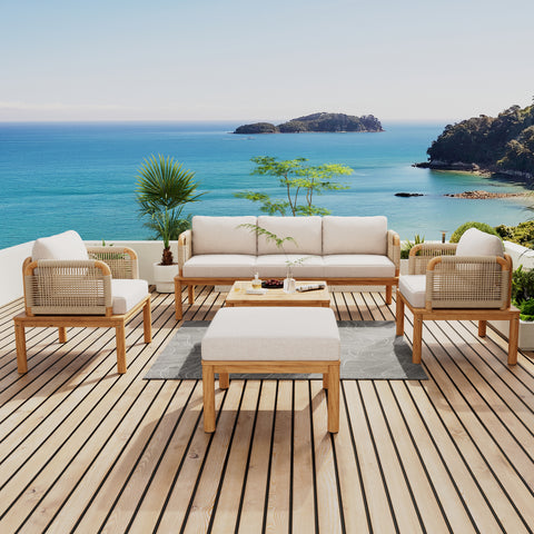 5pcs Outdoor Sofa Set Patio Conversation Set Outdoor Lounge Furniture Set with Coffee Table&Cushion, Weather-Resistant Frame,Teak+Beige