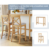 Farmhouse 48"Rectangular Wood Bar Height Dining Set Kitchen Breakfast Nook with 2 Chairs for Small Places,Natural+Beige